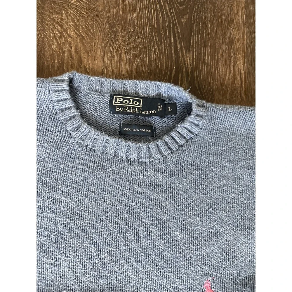 Vintage Polo Ralph Lauren Sweater Mens L Blue Chunky Knit Cotton Crew Pullover